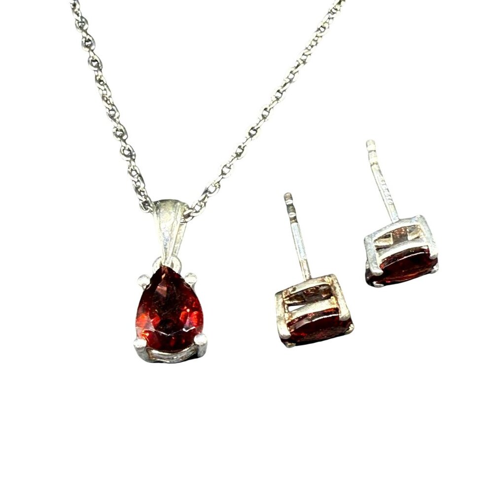 New STS 925 Sterling Silver Red Garnet Teardrop Pendant Necklace Stud Earrings